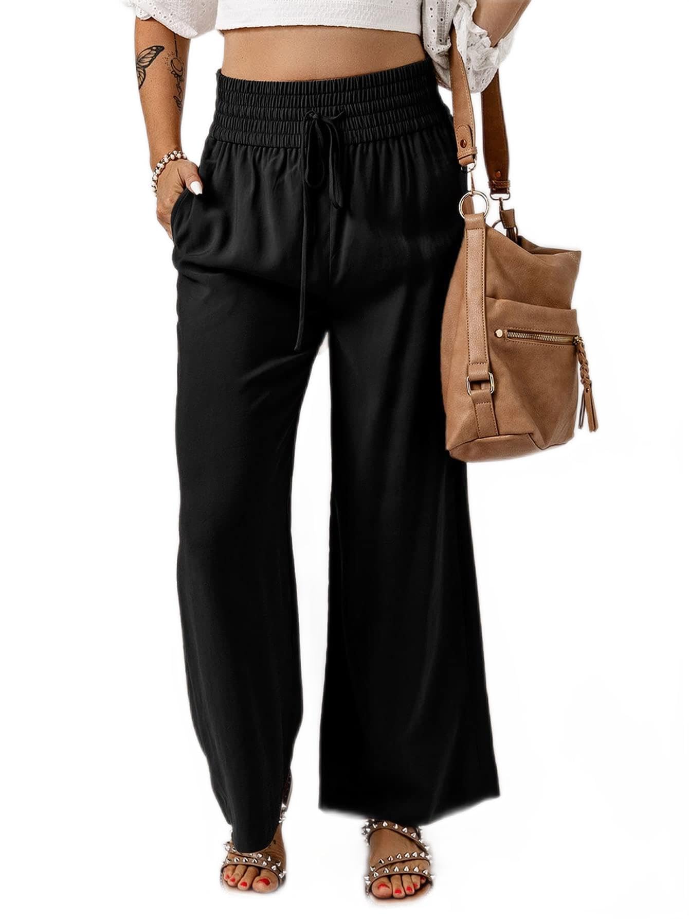 CRYBA Womens Pants Slant Pocket Drawstring Waist Wide Leg Pants Pant for Women