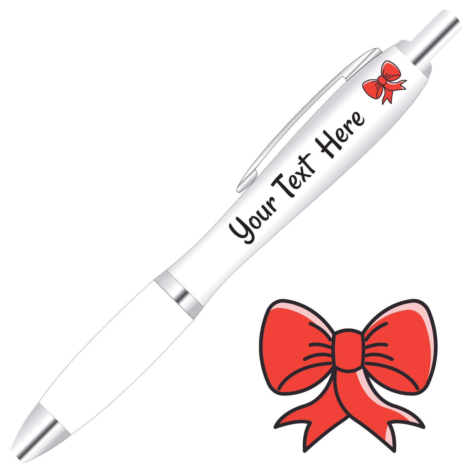Full Colour Printed Personalised Christmas Pens *Qty - 60* - Clear Pen Grips *Bow Design*