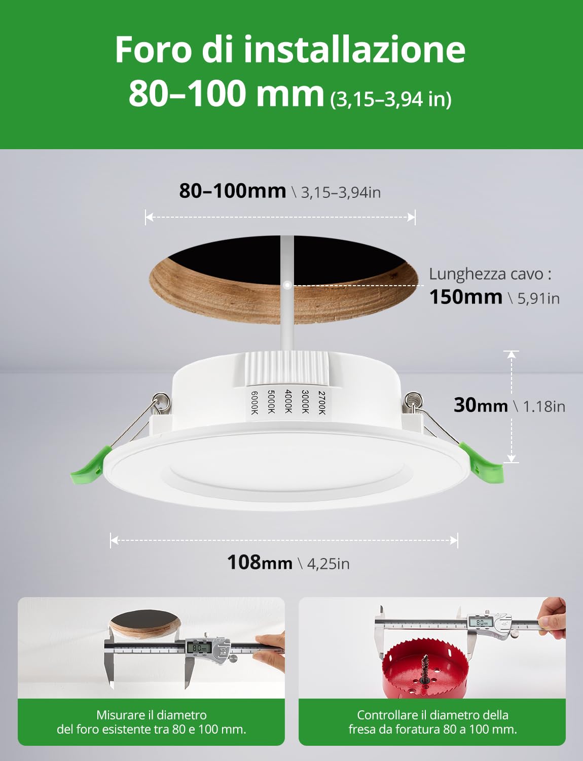 HOMEOW Faretti Led da Incasso per Cartongesso 7W, Foro 80mm - 100mm | 30mm Ultrasottili, IP44 Faretti Led Soffitto, Regolabile 2700K 3000K 4000K 5000K 6000K, Non Dimmerabili, Set di 10