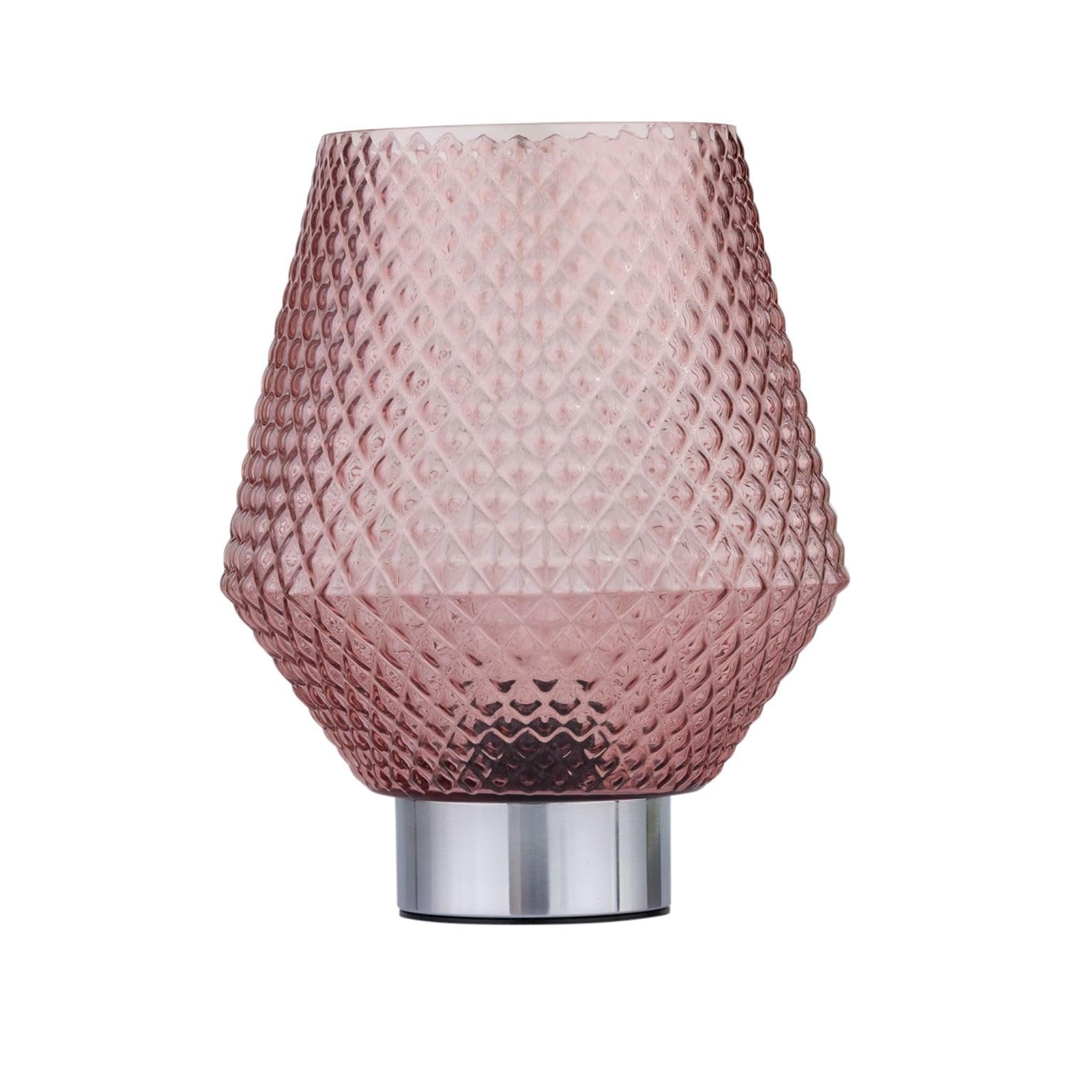 Firstchoicelighting Chrome & Pink Battery Operated Table Lamp Or Bedside Light, Chrome With Blush Pink Textured Glass, 2W S14 Bulb Included, 20Cm Height
