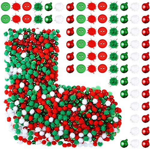 WILLBOND 1200 Pieces Christmas Craft Embellishments Set, Resin Buttons, Bells & Pom Pom Ornaments for DIY Craft Sewing Decoration Accessories