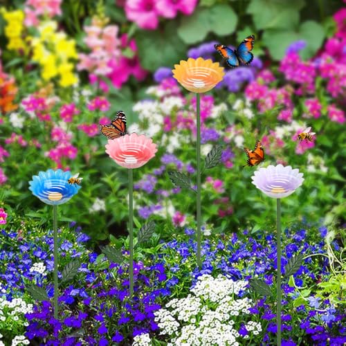 hogardeck Garden Decor for Outside, 4 Pcs 25.8\" Metal Bee Watering Station, Flower Design with Stakes, Butterfly Feeder Bird Bath for Outside Yard Patio Lawn (Blue, Yellow, Pink, White) - Thumbnail 6