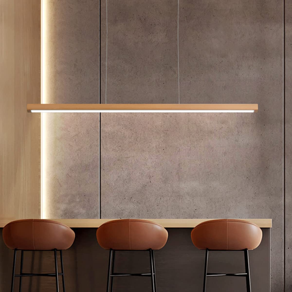 Bellastein LED Wood Pendant Lamp Modern Dimmable Linear Design Pendant Lamp with Remote Control Dining Table Pendant Lamp Height Adjustable Dining Room OfficeLamp (‎Wood Colour, L120cm)