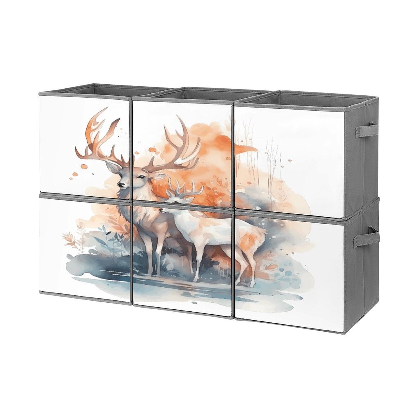 Btcowzrv Style Hand Drawn Deer Storage Cubes, 6 Pack Oxford Fabric Foldable Collapsible Bins With Handles, Cubby Storage Baskets Boxes For Closet Shelves Office Organization