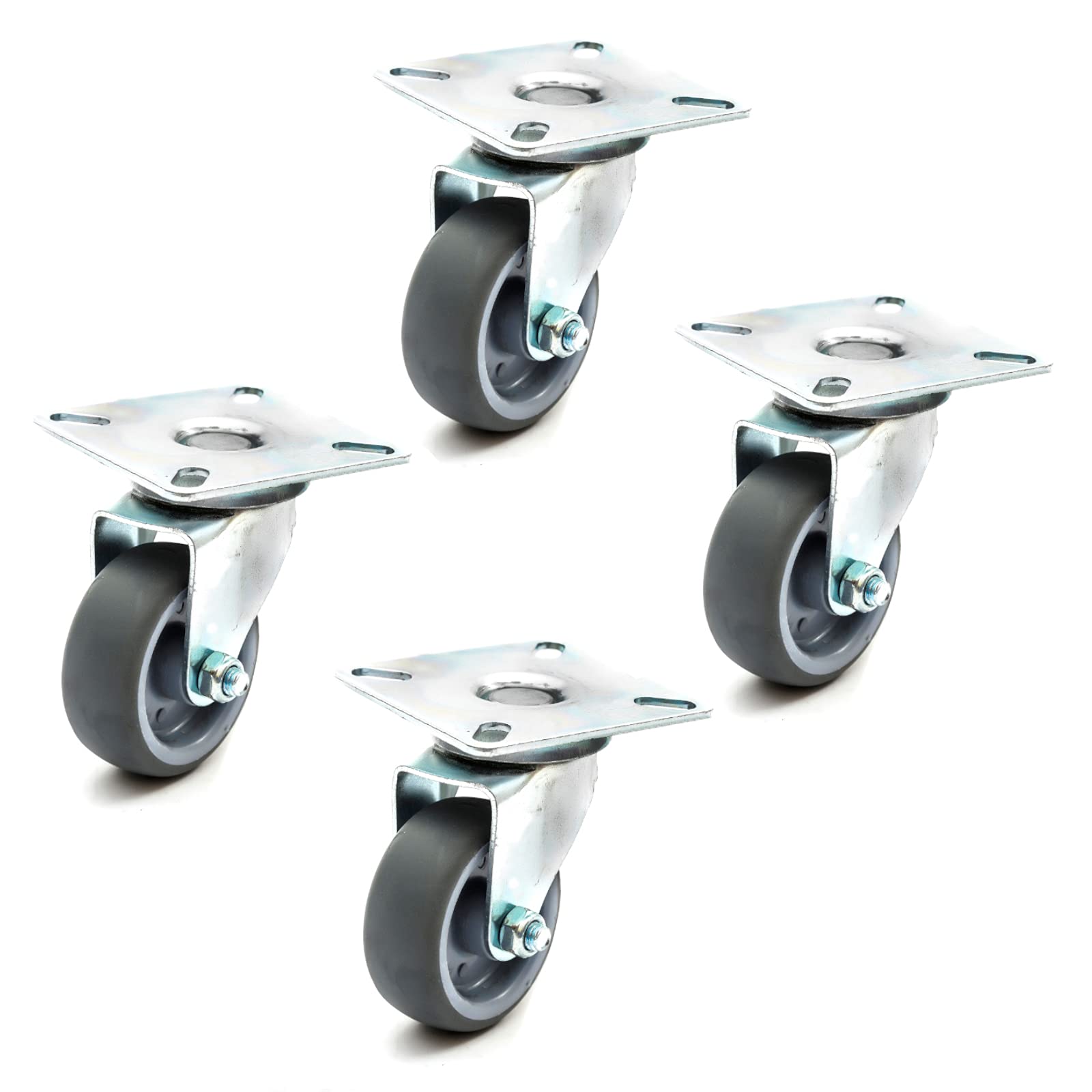 Set of 4 x Heavy Duty 50mm Grey Solid 360 Degree Swivel Rubber Castors UnBraked Wheel Hospital Shops Furniture Schools Homes 100KG Load Capacity