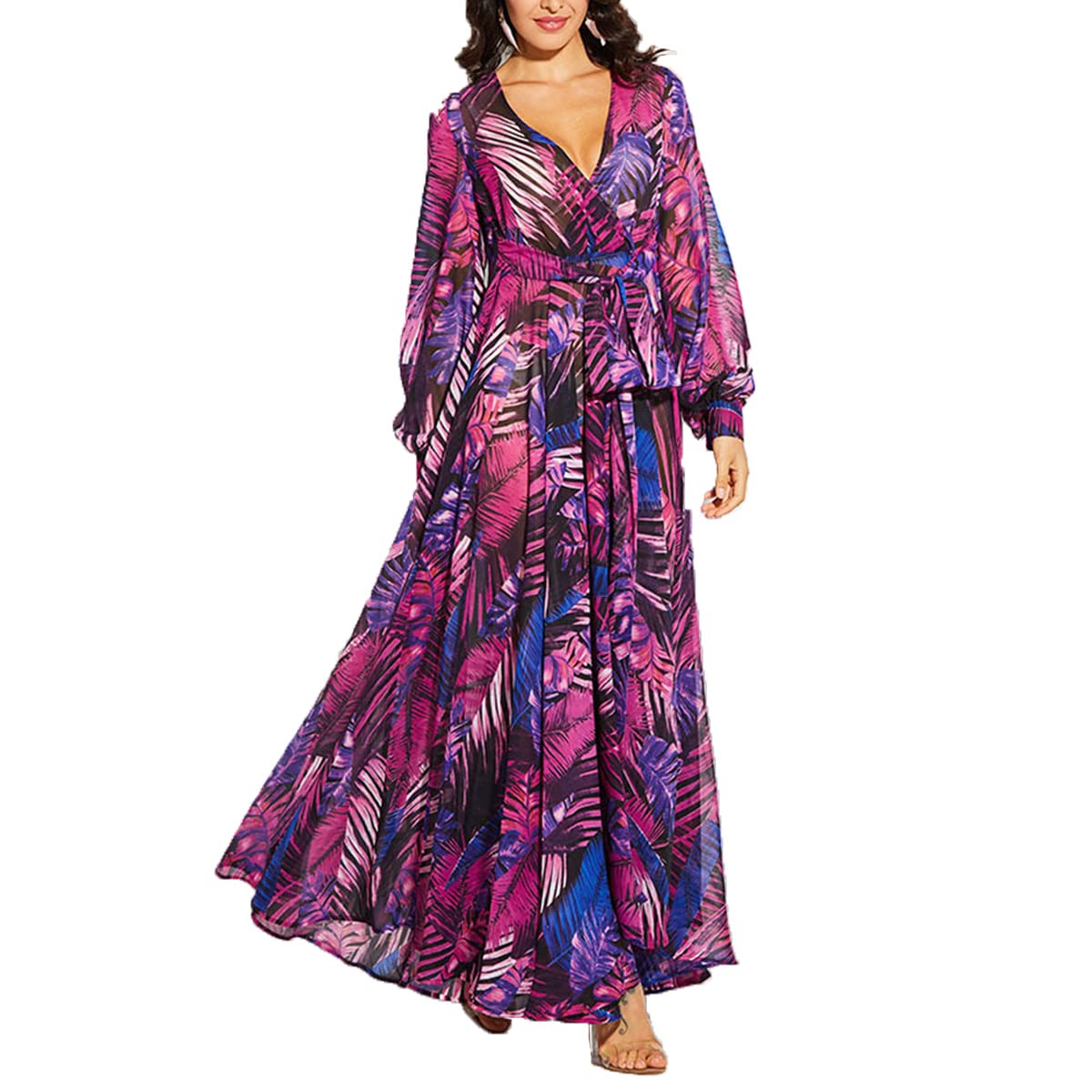 L&ieserram Vestido Mujer Largo Estampado Palmas Verde Vestido Maxi Verano Playa Vestido Casual Elegante Cover up Talla Grande
