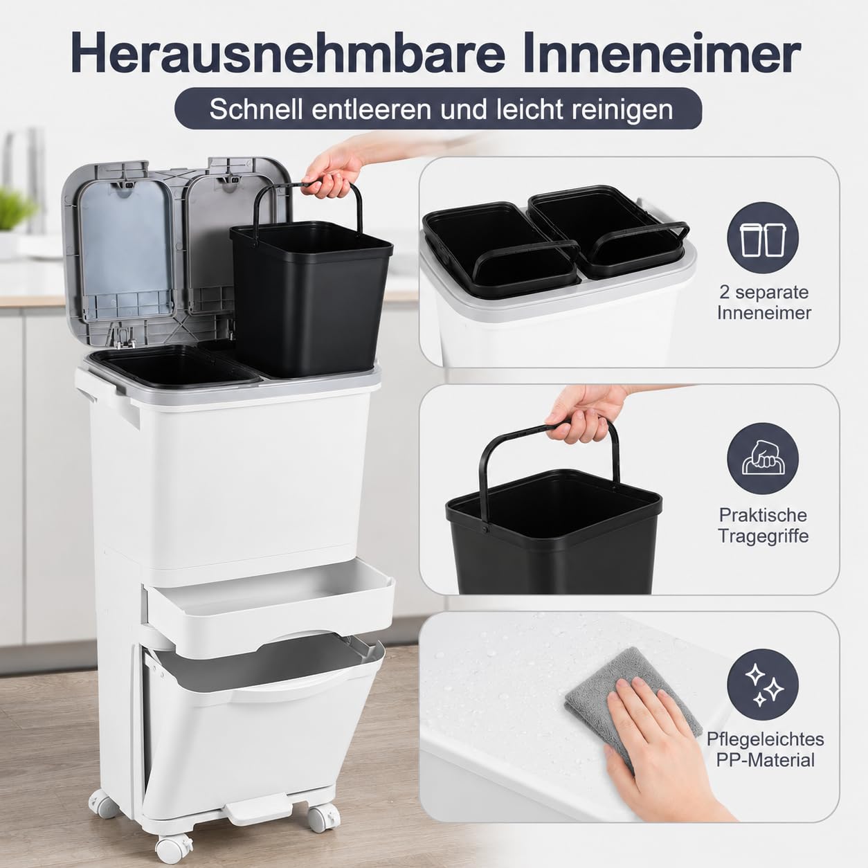 Daromigo Mülltrennsystem Küche 42L, 3 Ebenen Mülleimer Küche Weiß aus PP, Mülltrennsystem 2fach mit Doppel-Inneneimer, Doppeldeckel, Drucköffnung, Fußpedal und feststellbaren Rollen