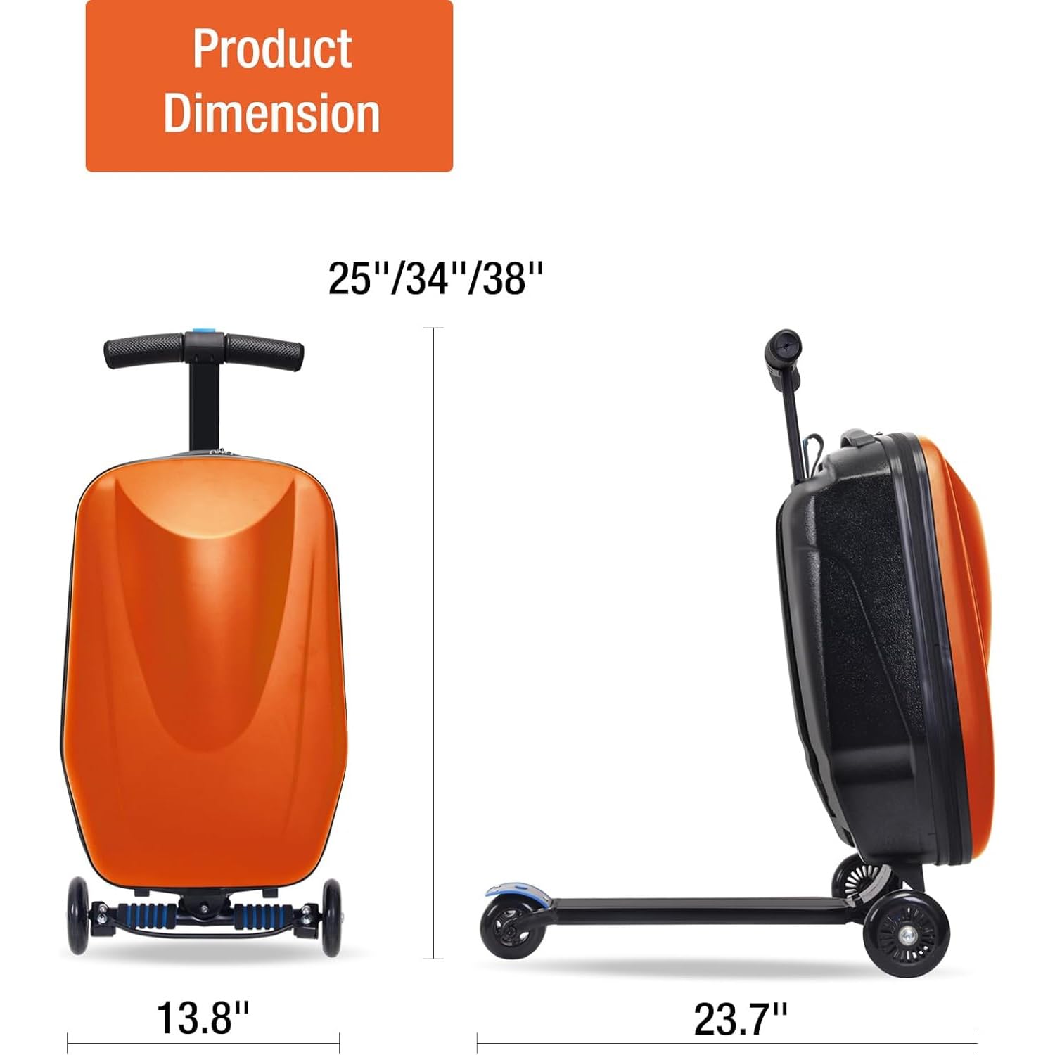 Ride On Luggage Scooter – 2 w 1 składana walizka transportowa dla dzieci w wieku 4-15 lat, wielofunkcyjna podróżna walizka na kółkach, pomarańczowy, M