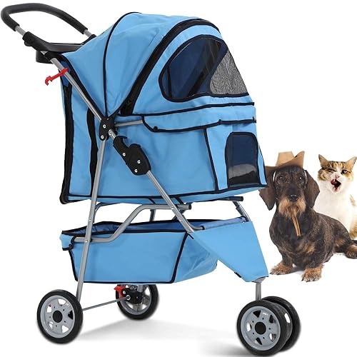 Pet Stroller Joggers Cat Dog Cage 3 Wheel Travel Folding Carriage Strollers with Cup Holder and Removable Pad - Blue