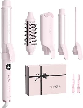 TSUYAGLA 5 in 1 Curling Iron Set with Airflow Cooling for Long-Lasting Curls, Ionic Ceramic Hair Curler with 3/8", 1", 1.5" Barrels, Crimper & Thermal Brush, Dual Voltage, 250410F
