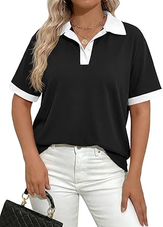 Fisoew Womens Plus Size Summer Tops Collared V Neck Polo Shirts Casual Short Sleeve Color Block Tee Loose Tunic