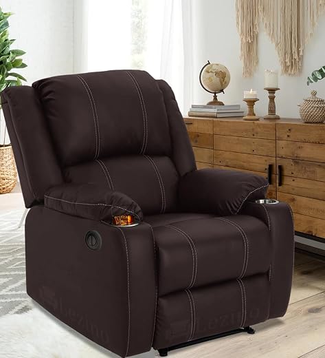 LEZINO Single Seater Electric Recliner Chair in Faux Leather with Steel Cupholders (Motorized Recliner, Dark Brown)