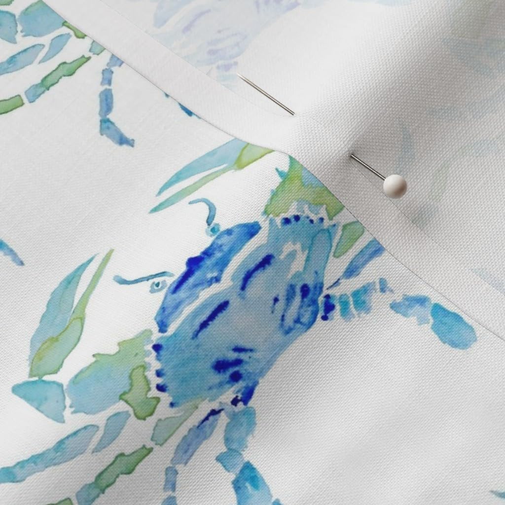Spoonflower Fabric - Watercolor Coastal Blue Crab Nautical Beach Maryland Sea Shell Green Printed on Petal Cotton Fabric Fat Quarter - Sewing Quilting Apparel Crafts Decor