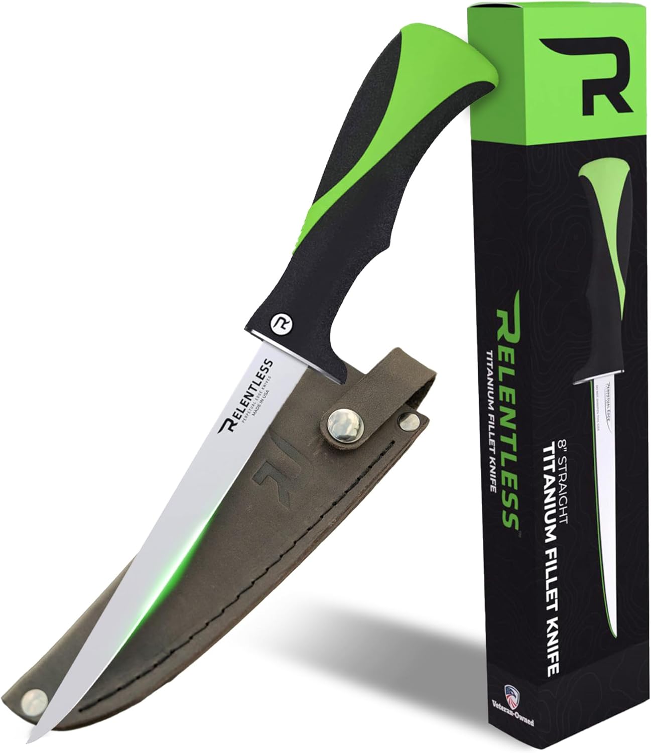 Relentless 8” Straight Fillet Knife – Titanium Blade, Micro-Serrated Edge, SlickCut Coating, True Grit Handle – Made in USA – Rustproof Precision Knife for Grouper & Bottom Fish