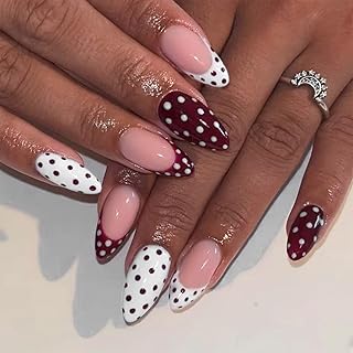 Cute Dots Press on Nails Medium Almond Fake Nails Wine Red and White Gradient French Tip Acrylic Glue on Nail Reusable False Nails Gloss Full Cover Artificial Nail for Women Girls 24Pcs