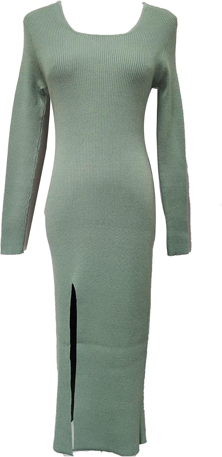 Generic Women'S Dress 2024 Fall Long Sleeve Square Neck Fitted Knit Ribbed Sweaters Midi Party Club Slit Bodycon Dresses