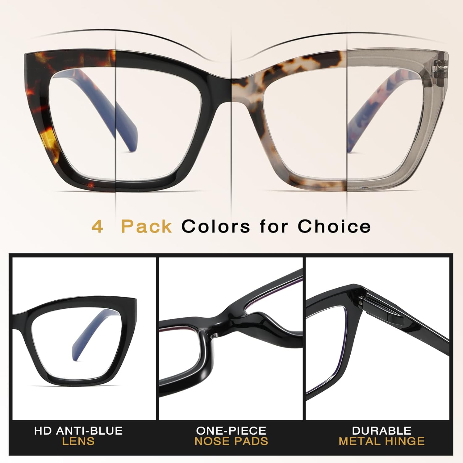 Cat Eye Reading Glasses for Women, 4 Pack Fashion Oversized Blue Light Blocking Computer Readers with Spring Hinge - Image 3