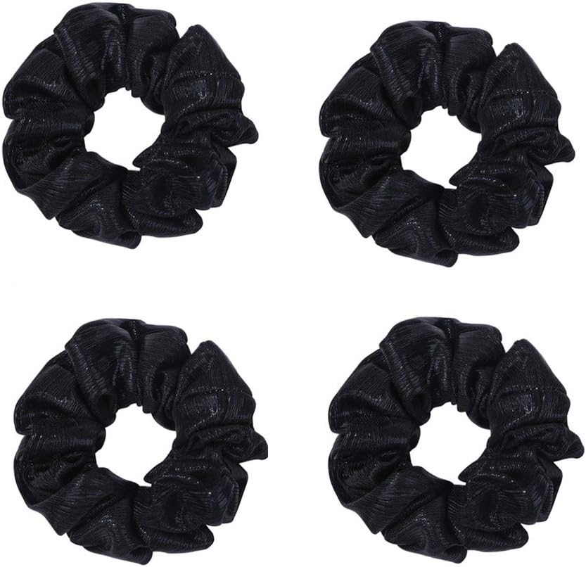 4 Pieces Shiny Metallic Scrunchies Elastic Hair Bands Scrunchy Hair Scrunchies Stage Show Hair Bow Elastics Ponytail Holder Hair Ties Ropes for Women Girls Hair Accessories (Black)