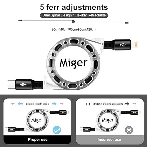 Miniatura 6 de Cable de carga retráctil USB C a Lightning 2 unidades de 4 pies, cable de carga rápida USB C para iPhone, certificado MFi tipo C, cable de carga