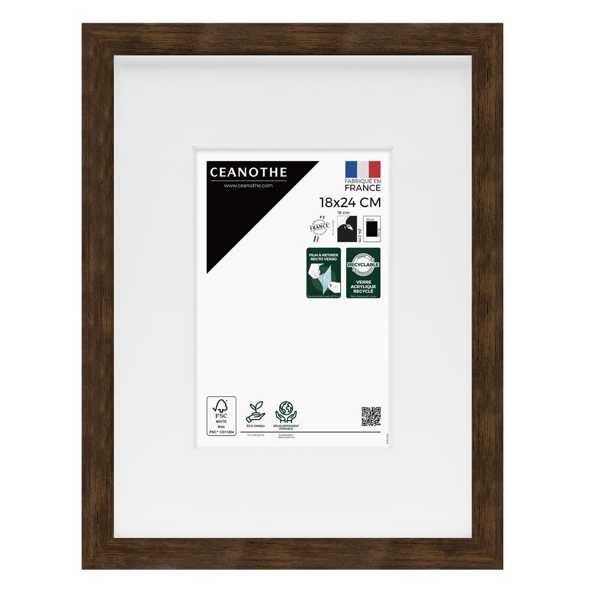Ceanothe Cadre Photo 18x24 cm en Bois Brun avec passe-​partout 10x15 cm - Convient au A5 Baguette Fine et Raffiné de la Collection WILD - Verre acrylique Incassable Fabriqué en France