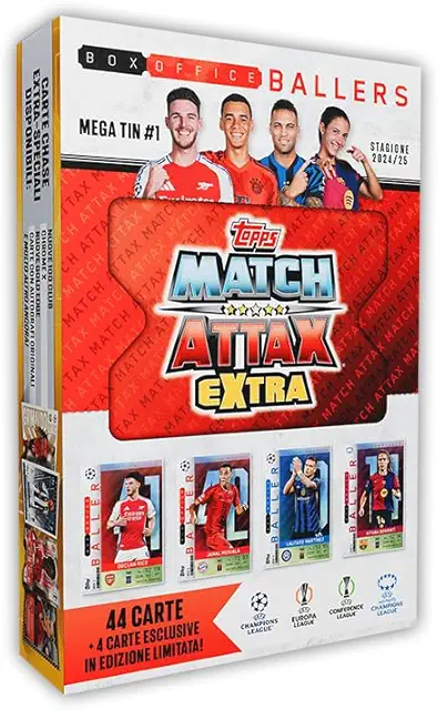 Topps Match Attax Extra 2025 Mega Tin #1 - 48 Carte Figurine con 4 Esclusive Box Office Baller LE