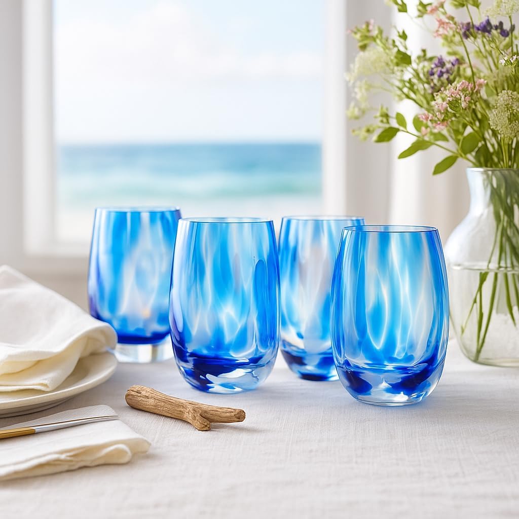 Blue Rose Polish Pottery - Blue Cobalt and Opal Confetti Water Glass Set - 5.5" Tall - Hand-Blown Polish Glassware, Set of 4 Drinking Glasses for Everyday Use