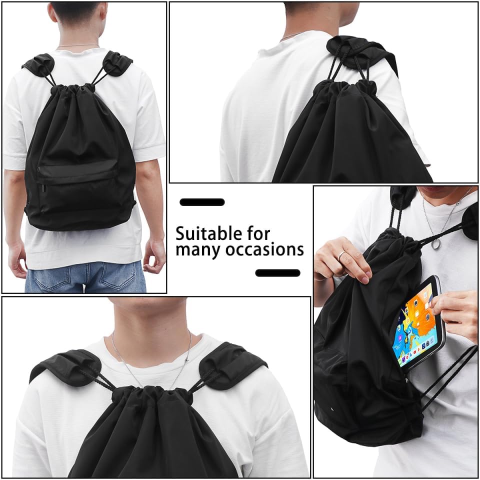 Miniatura 4 de Mochila deportiva ligera con cordón, mochila multiusos para viajes, para mujeres, hombres, gimnasio, deportes, yoga, Negro -, Mochilas Daypack