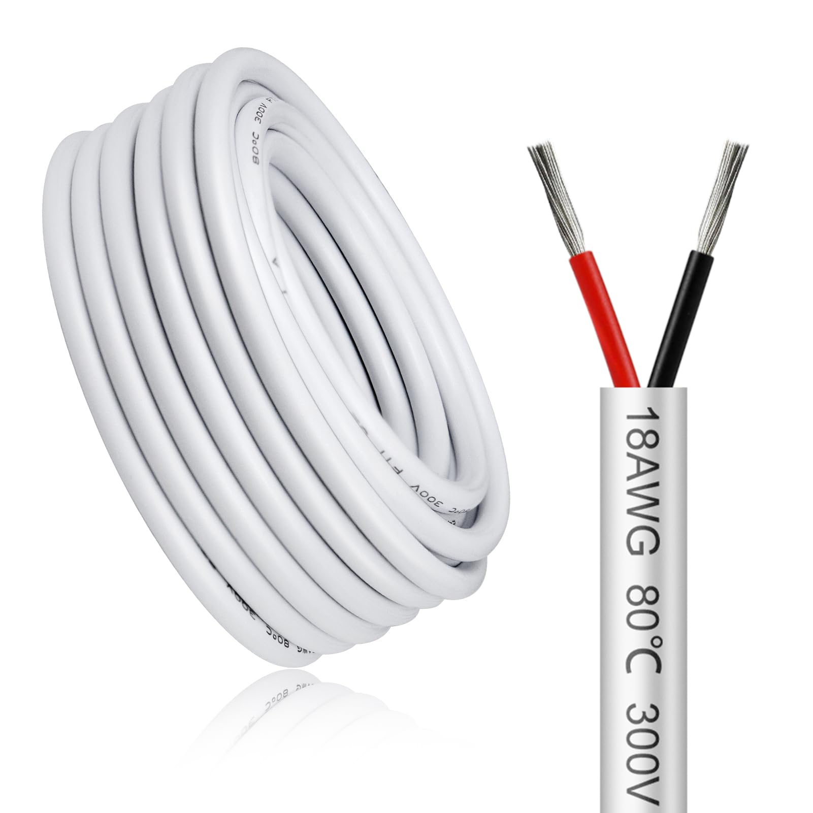 LightingWill 98.4FT/30M 18AWG 2x0.75mm² Electrical Wire 2 Core Cable, White 18 Gauge 5V/12V/24V/240V/300V Low Voltage Flexible Extension Cable, Tinned Copper Wires, High Temperature Resistant
