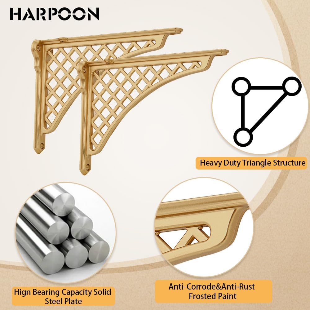 Gold 2 Pack 8 HARPOON 2 Pack Heavy Duty Cast Iron Victorian Shelf Bracket, 8 Inches Gold Baroque L-Shaped Shelf Brackets, DIY Projects, Hardware Included