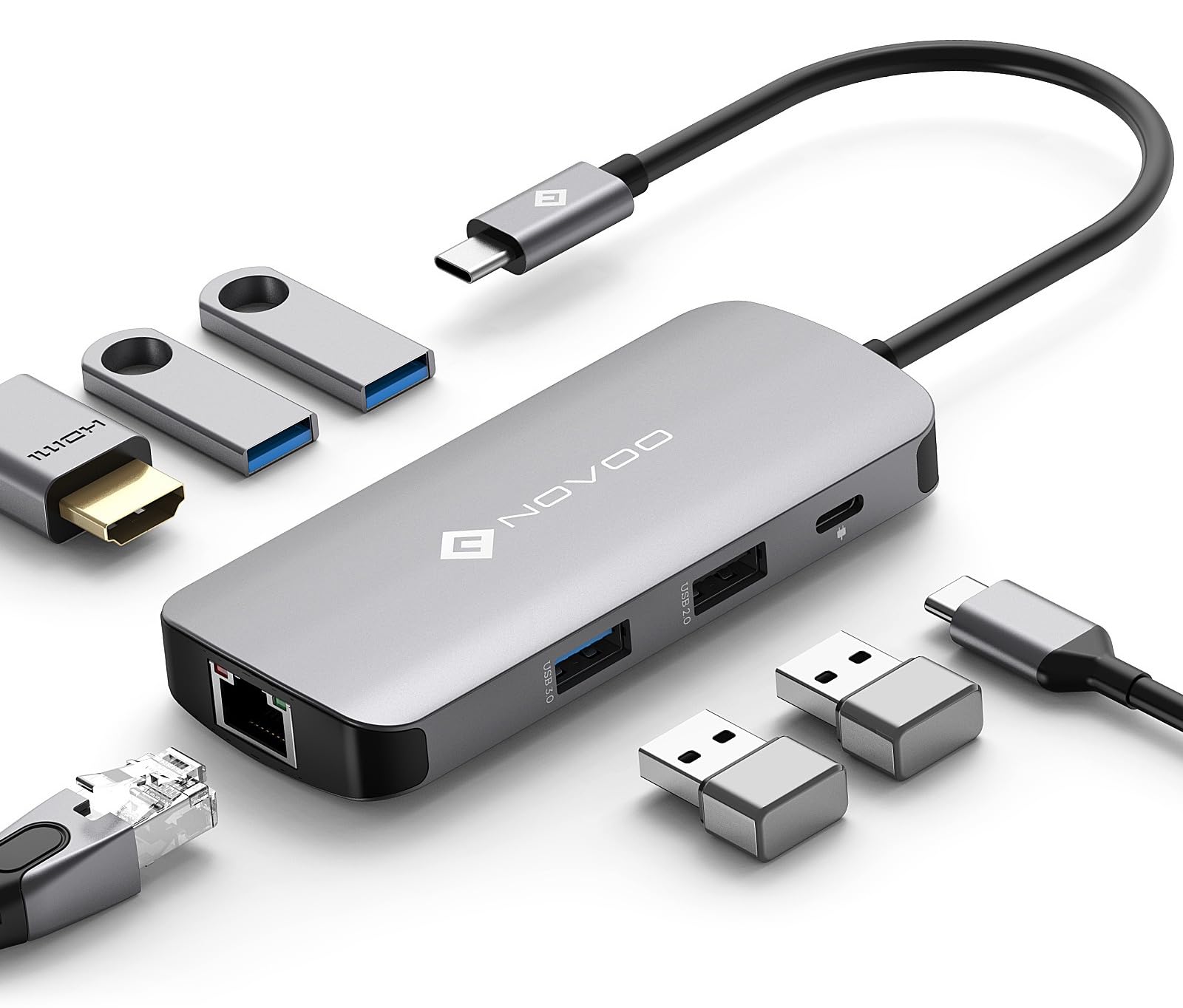 Hub USB C, NOVOO 7 in 1 multiporta Adattatore da HDMI 4K, Ethernet RJ45, 3 USB 3.0 & USB 2.0, tipo C 100W PD Docking Station Compatibile con MacBook Pro/Air,Surface Pro/Go,Pad Pro/Air,Dell,HP