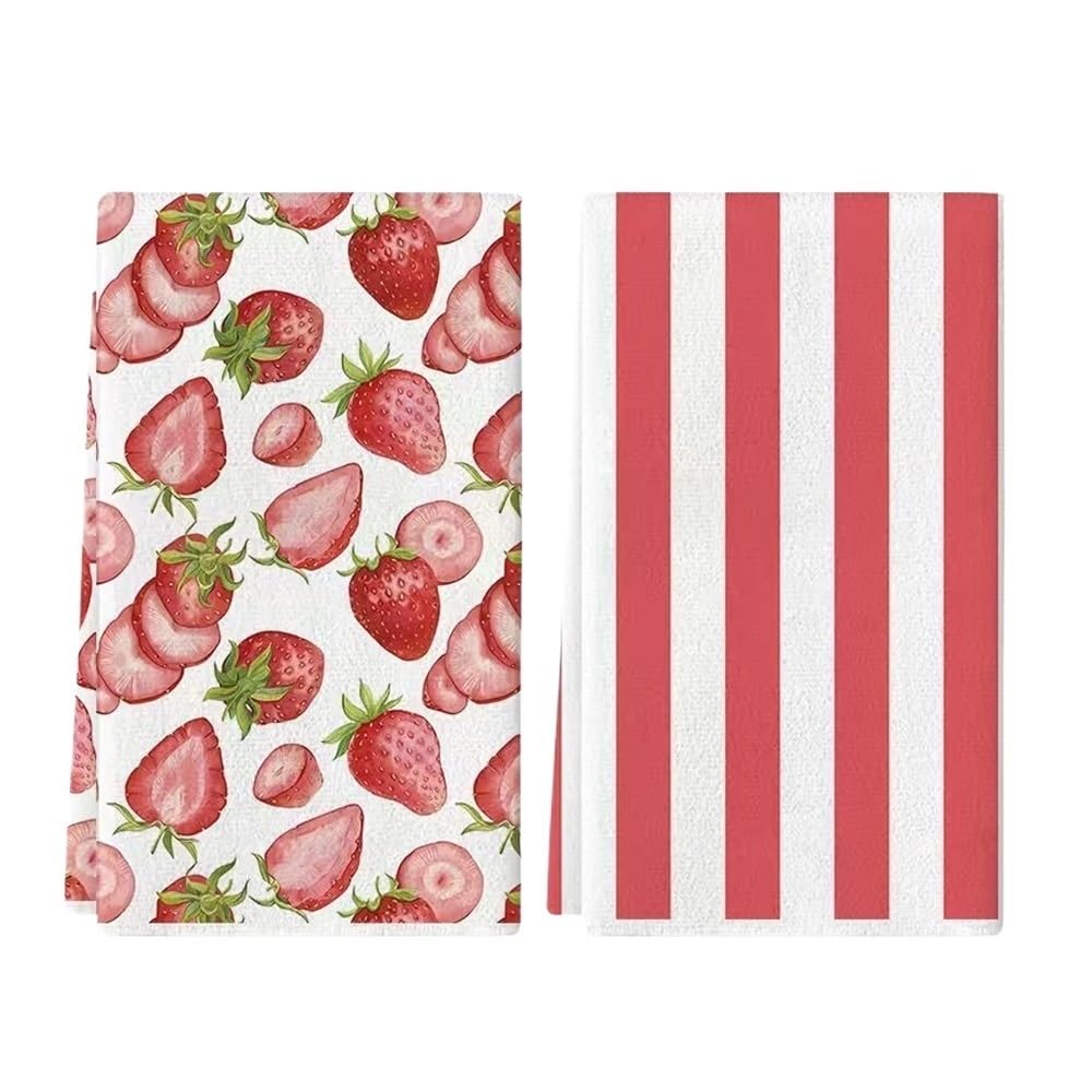 Jobaojiang 2Pcs, Red And White Striped Strawberry Kitchen Towels, 40Cm*60Cm Towel Set, Absorbent Soft Cleaning Cloth