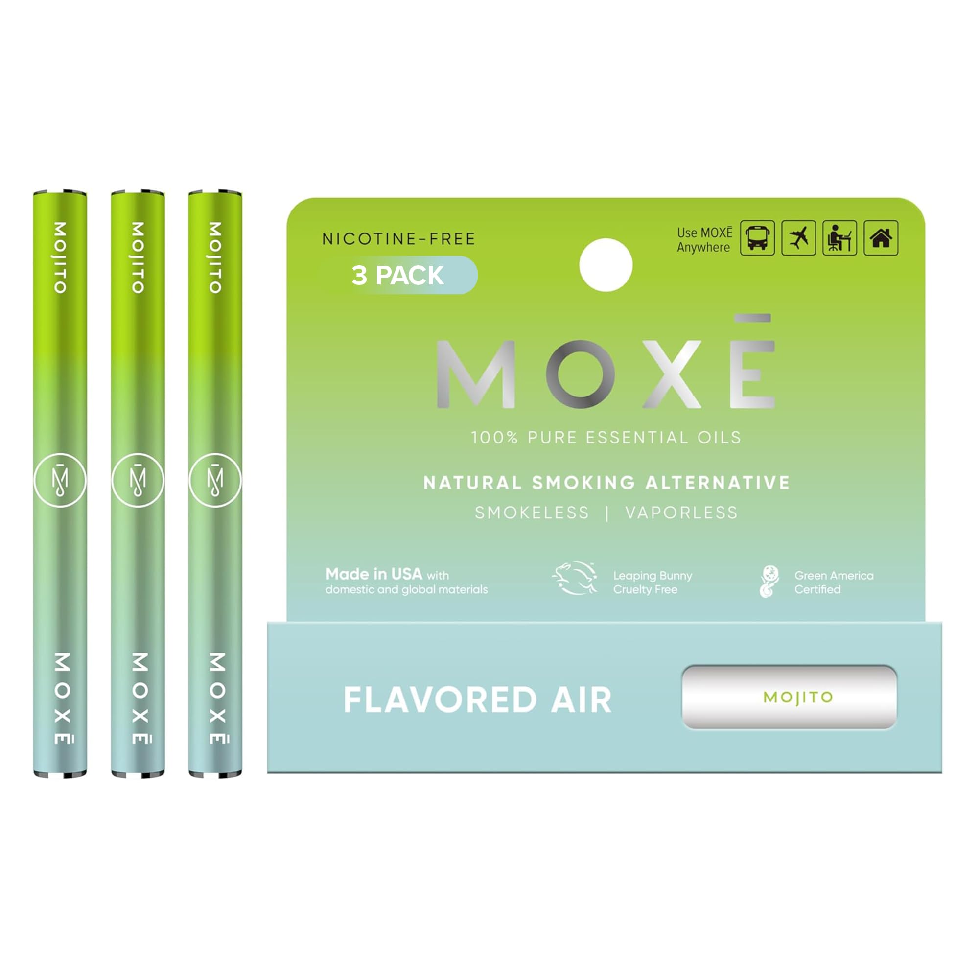 MOXE Natural Mojito Smokeless Inhaler, Non-Electric Craving Relief, 3PK | Peppermint, Lime, Bergamot &amp; Menthol Essential Oils Flavored Air, Oral Fixation Support, Cooling Sensation, No Batteries