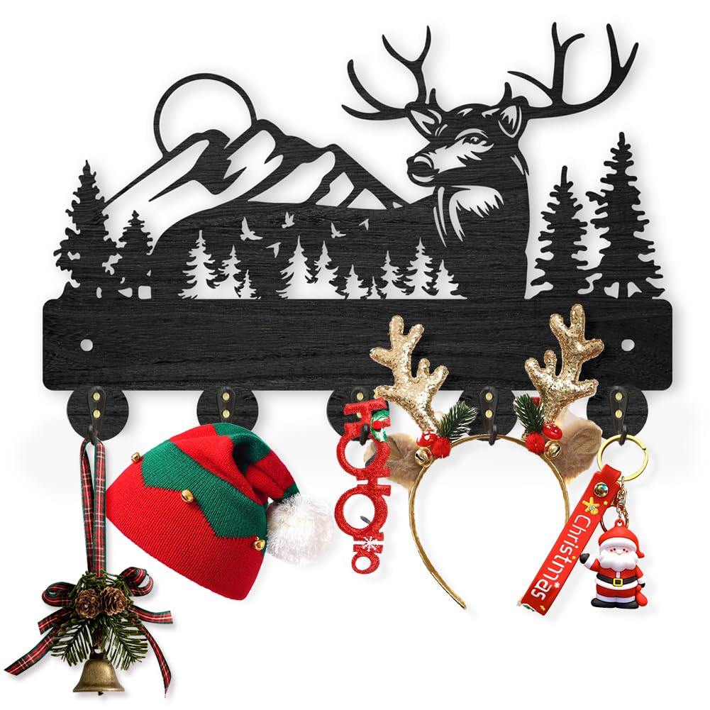MAYJOYDIY Wooden Antler Wall Coat Rack with 5 Hooks, Black Forest Deer Design, 11.8x8 Inch Key Holder & Organizer for Entryway, Hall, Living Room,