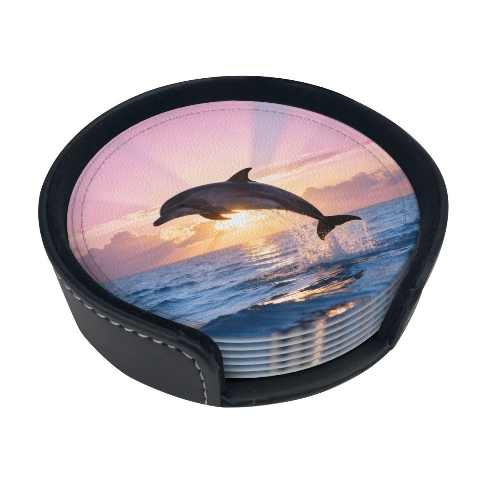 Cntdbu White Dolphin Sunrise Jump Leather Coasters Set Of 6-Pu Leather Drink Mats For Table, Heat Resistant Round Coasters With Holder