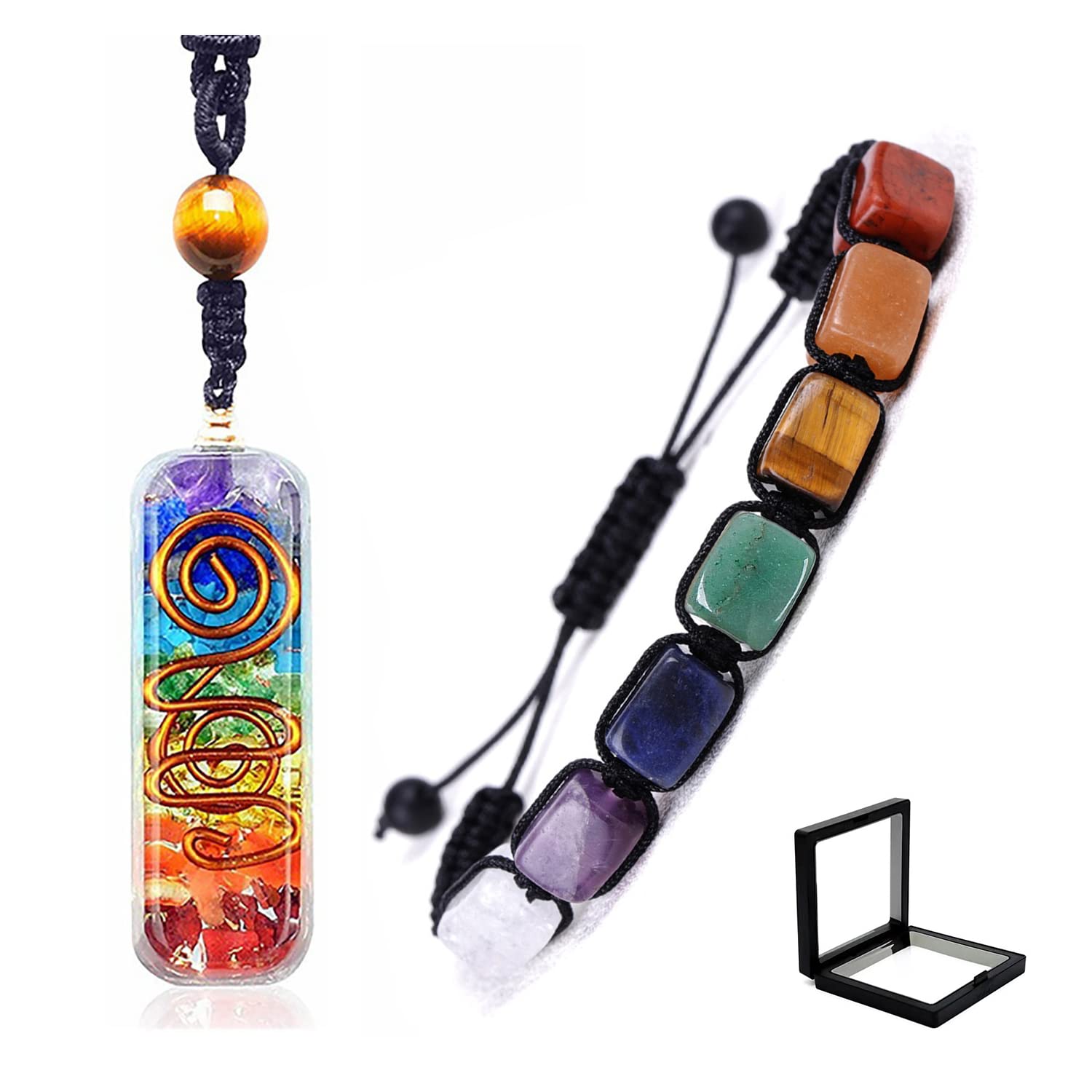 7 Chakra Pendant Necklace Healing Bracelet Set Orgone Energy Protection Necklace Yoga Adjustable Bracelet for Women Men