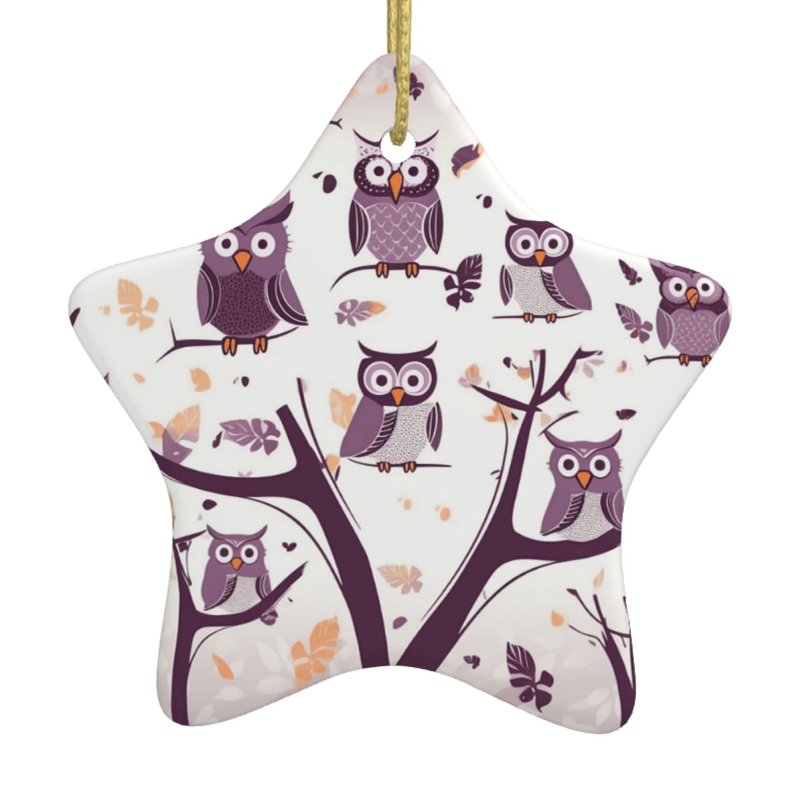 Ceramic Christmas Tree Hanging Ornaments with Gold Ropes Christmas Tree Decorations Star Ceramic Owl Tree Branches Pendant Keepsake Decorations for Holiday Xmas Gift Ideas