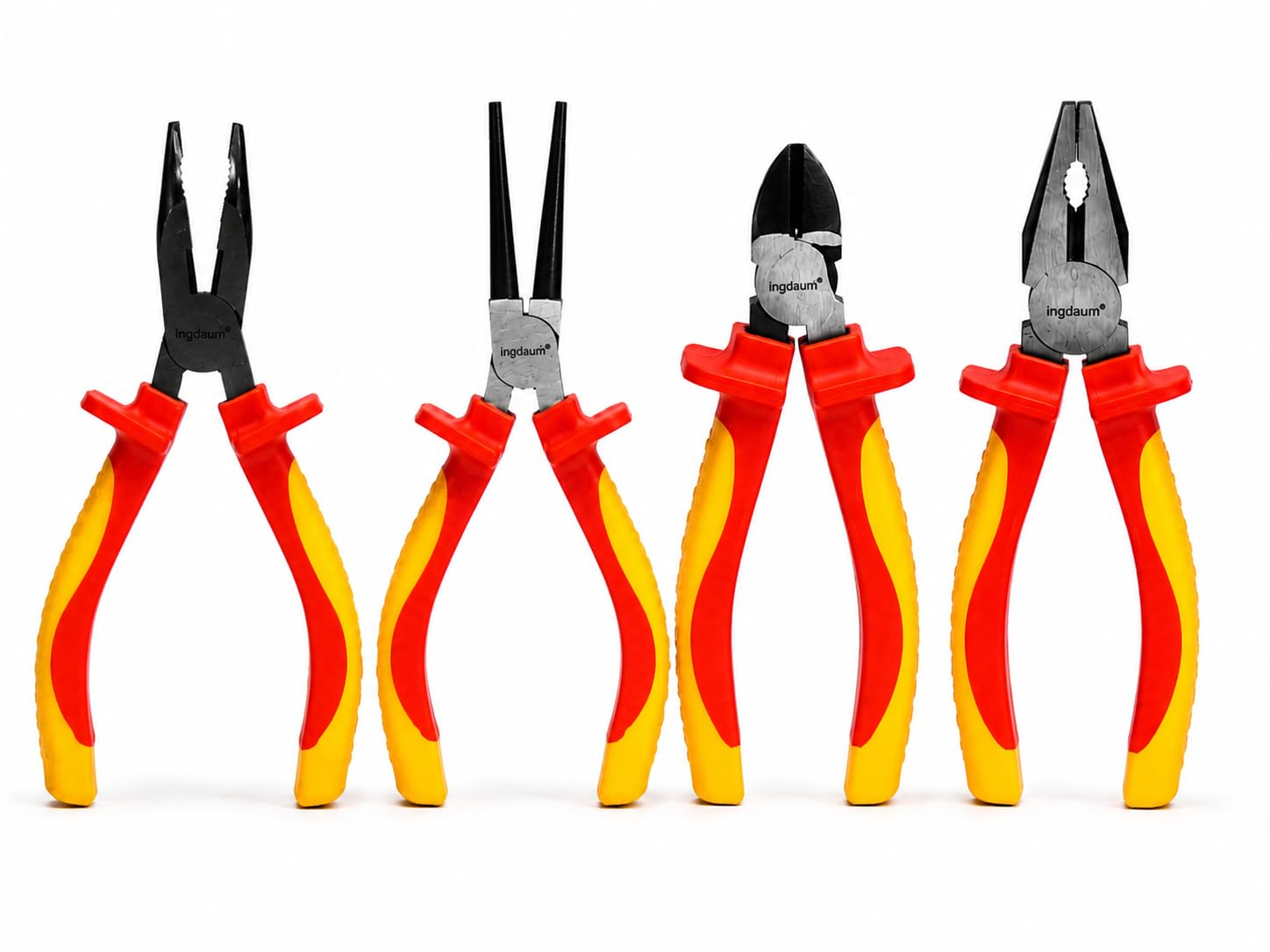 Set INGDAUM® VDE di 4 pinze con tronchese laterale, pinza a becchi mezzotondi curvi, a becchi tondi e universale, ciascuna da 6"/160 mm, isolata contro 1000 V (versione 4.1)