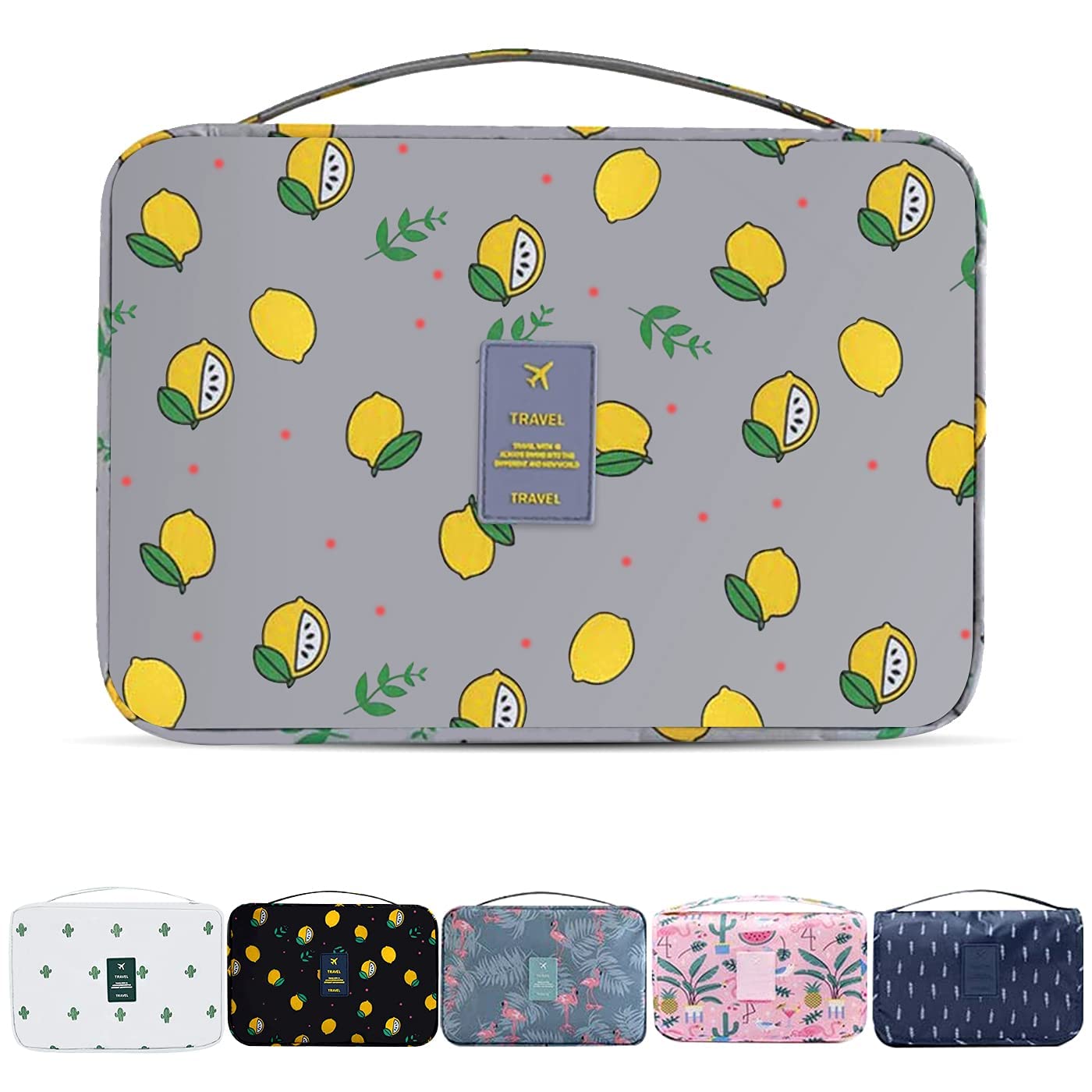 YumSur - Astuccio da toilette per uomini e donne, impermeabile, pieghevole, per viaggi, cosmetici, grande capacità, organizzatore per ginnastica aziendale e vacanza, con gancio e maniglia Grey Lemon