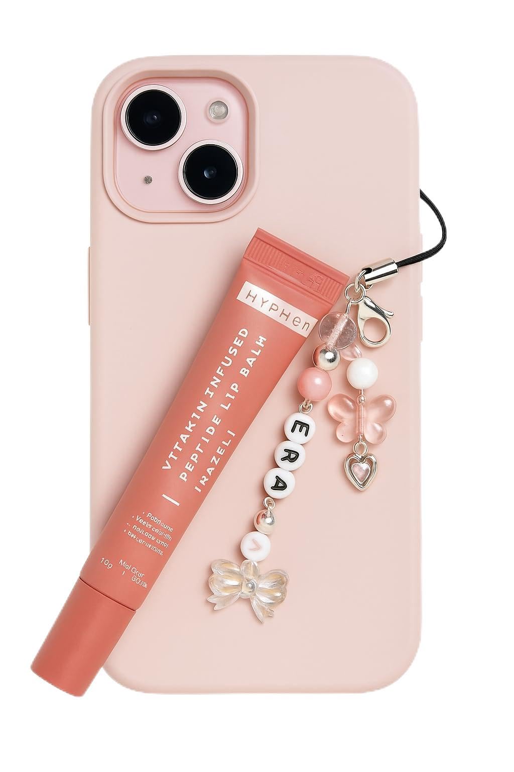 crystal beaded lip balm charm with butterfly design, pink mobile accessory with letter beads,(without lipbalm)
