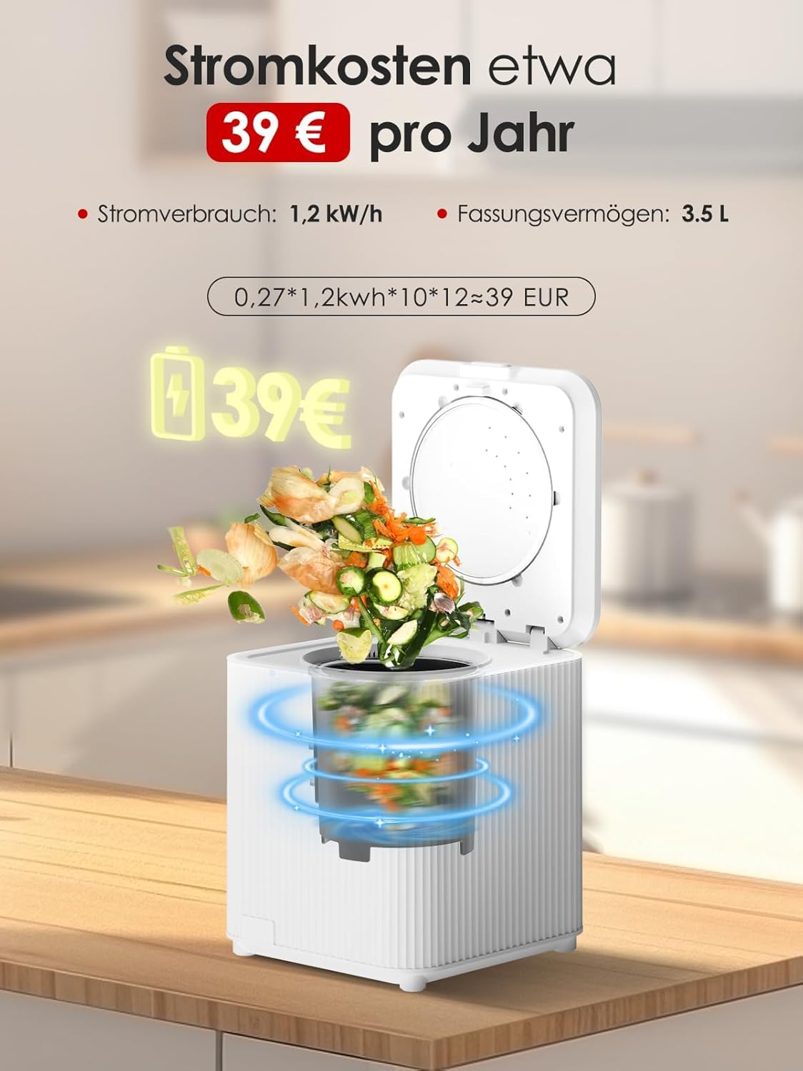 SQUEEZE master Elektrischer Komposter, 3,5 L Lebensmittelkomposter für die Küche, intelligenter Kompostbehälter für Lebensmittelabfälle, verwandelt Lebensmittelabfälle in Kompostdünger, weiß