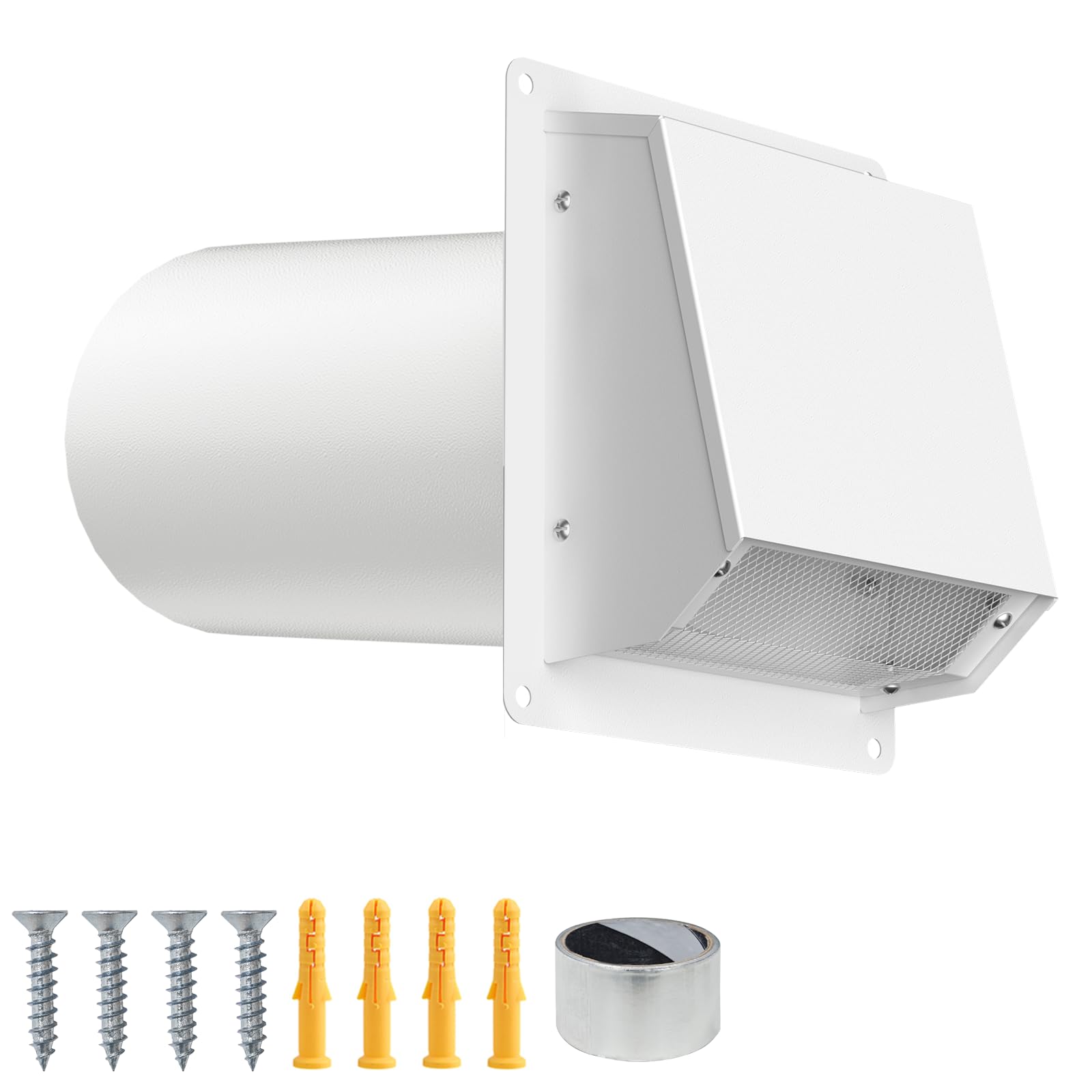 Photo 1 of 4 Inch Dryer Vent Cover Outside, Galvanized Steel Exterior Hooded Wall Vent Cover with Removable Screen & Cushioned Backdraft Flap, Exhaust Vent for House Through-Wall Dryer Vent Kit (White - 4 Inch)