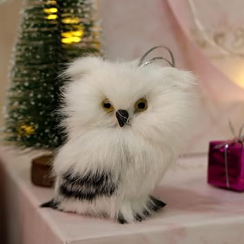 Set of 2 Plush Mini Snow Owl Figurines | Christmas Tree Hanging Ornaments, Home Decor Realistic Owls Replica, Woodland Animal Wreath Embellishment