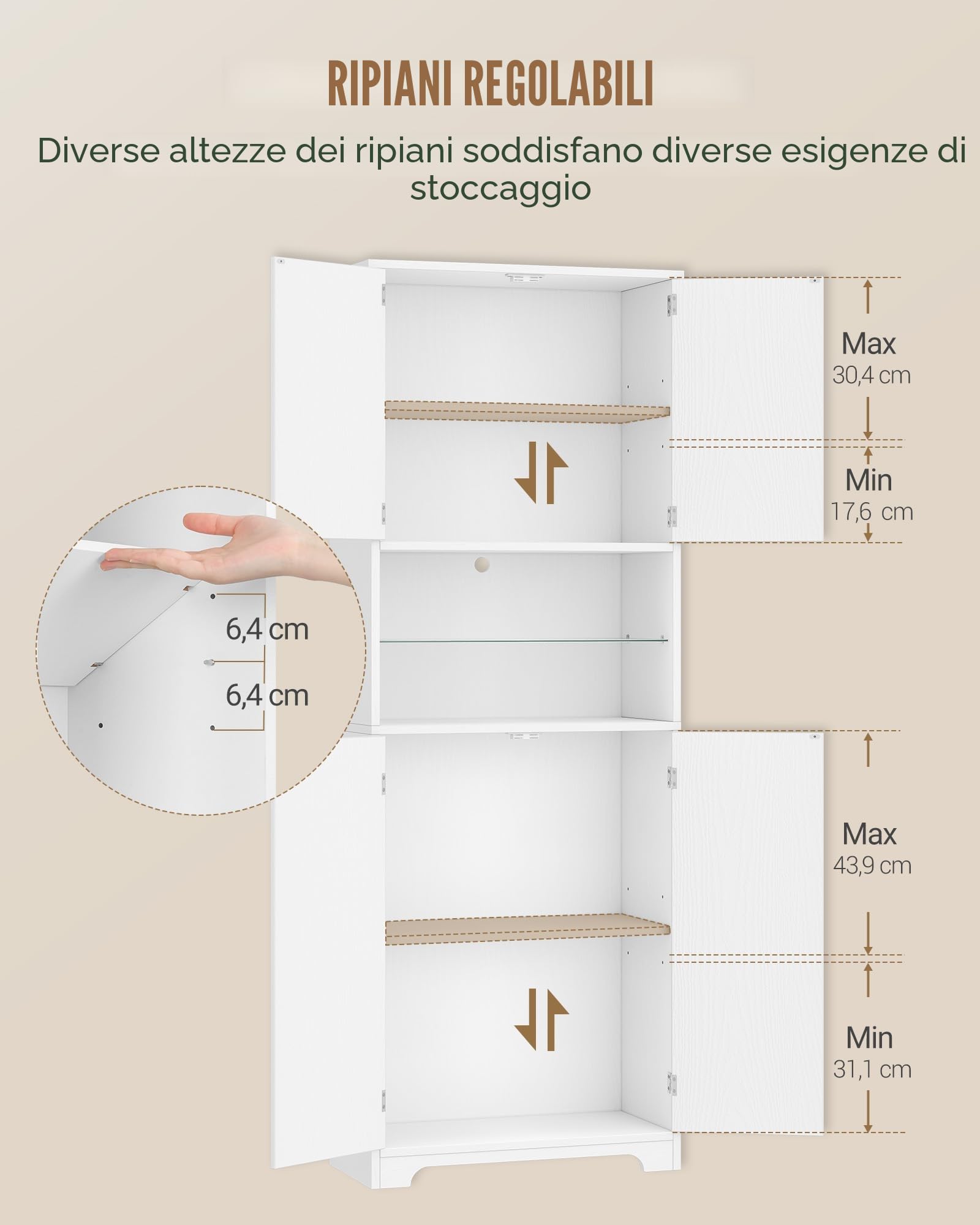 Hzuaneri Mobile Bagno con Luci LED, 4 Ante, mobiletto bagno salvaspazio, mobile alto con spazio aperto, ripiani regolabili, soggiorno, bagno, 30 x 60 x 170 cm, Bianco SC68213X