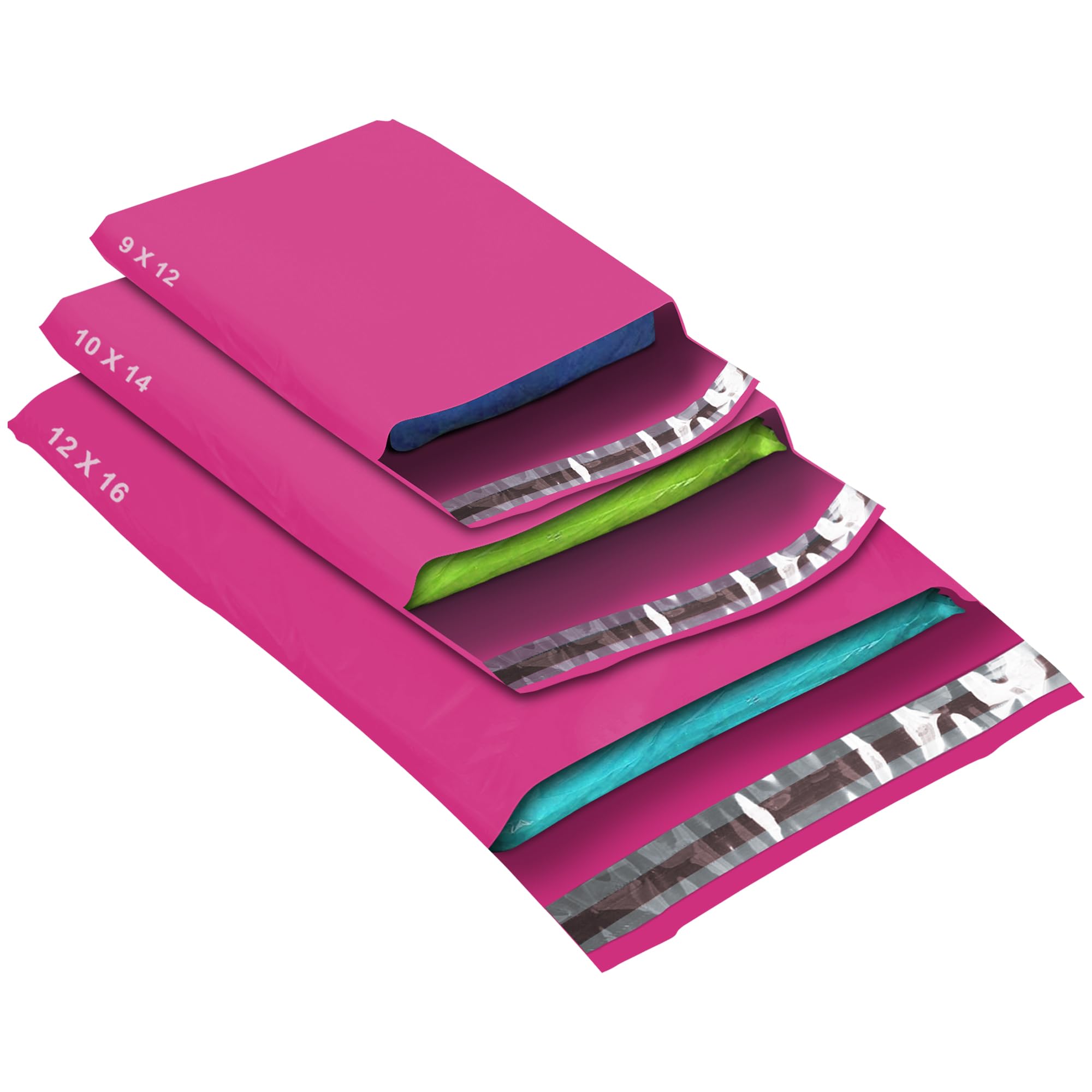 50 Mixed Size Pink Mailing Bags, Hot Pink, 3 Sizes Self Seal Strong Waterproof Poly Plastic Envelopes for Parcels, Packaging, Small, Medium, Large Mail, Shipping Courier Delivery Bags