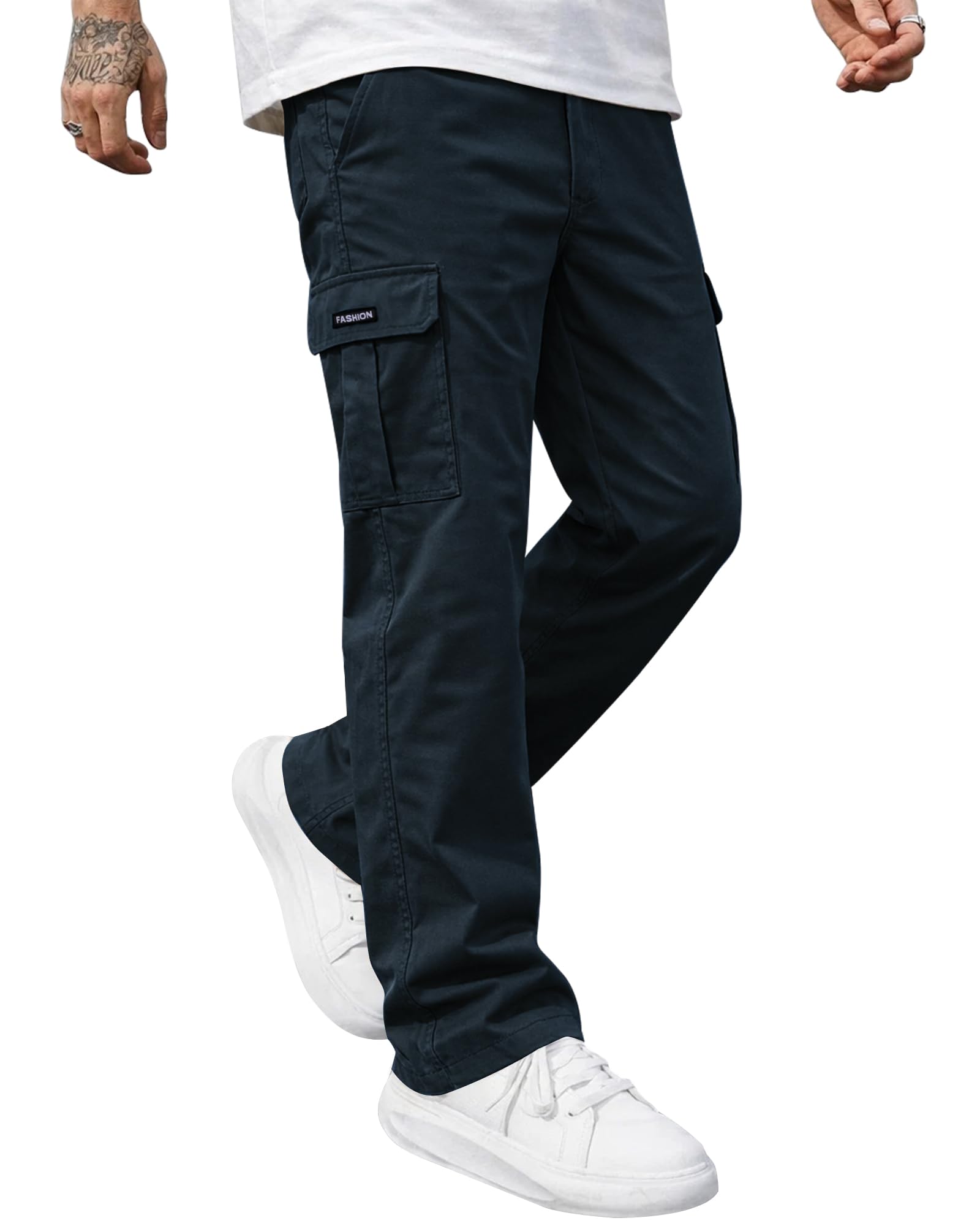 Mens Casual Cargo Pants Elastic Waist Hiking Work Pants Stretch Straight Leg Trousers with Multi Pockets
