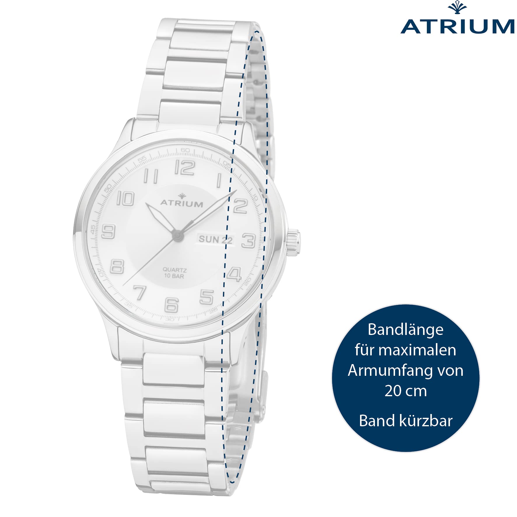 Atrium Herren-Armbanduhr Edelstahl Analog Quarz 10 bar mit Edelstahl Armband und Wochentag Datum Anzeige Silberfarben A39-30