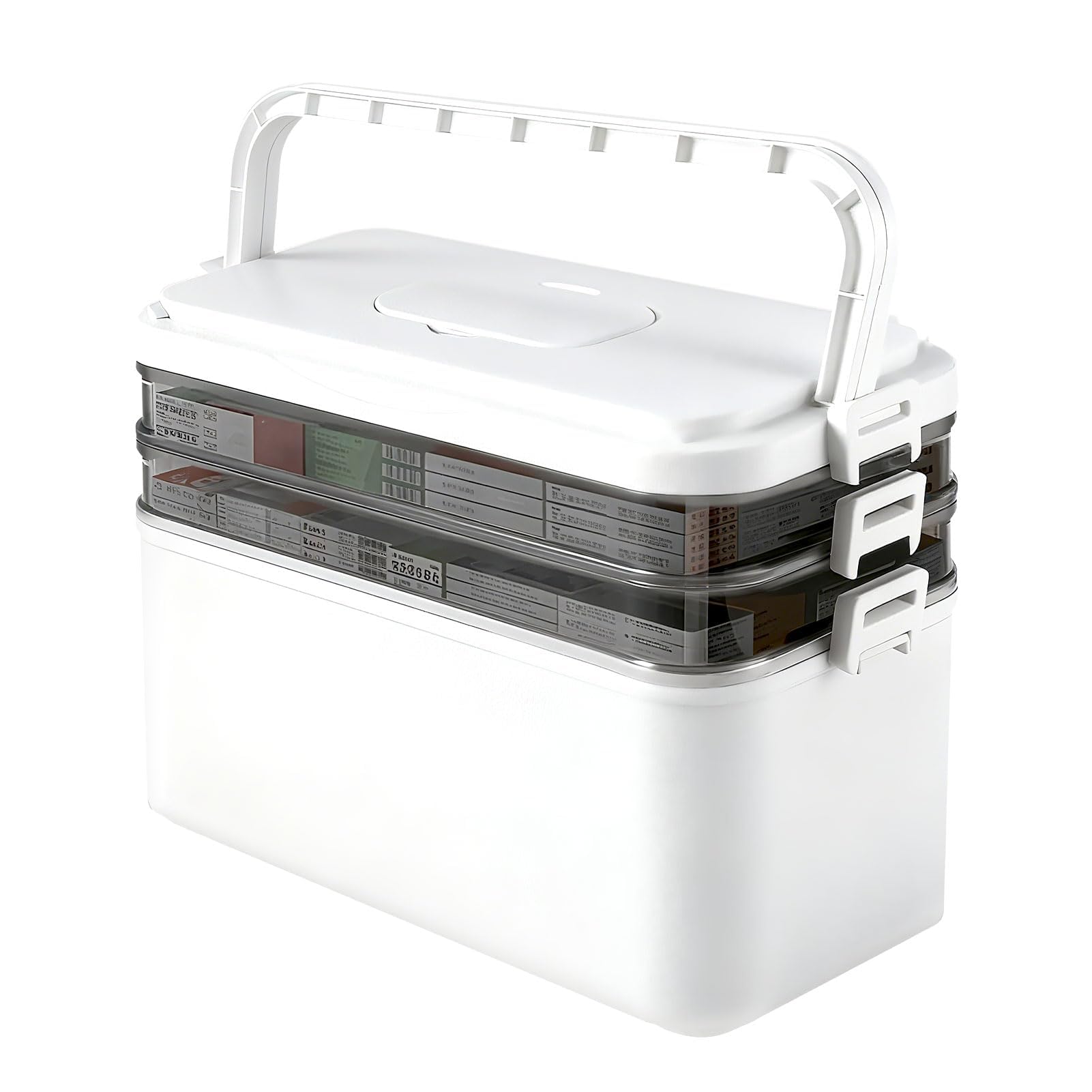 Sunnynest White Medicine Storage Box With Handle – 3-Layer First Aid Organiser With Lids, Multi-Grid Medication Cabinet For Home, School, Travel, Portable Medical Box (White)