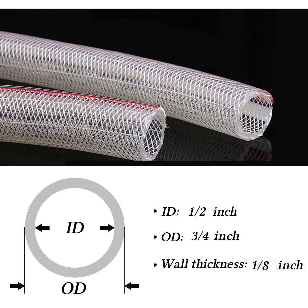QuQuyi Tubo de PVC trenzado suave de 1/2 pulgadas de diámetro interior x 3/4 pulgadas OD, tubo de PVC transparente flexible manguera de vinilo para agua, aceite, anticongelante de invierno y suave