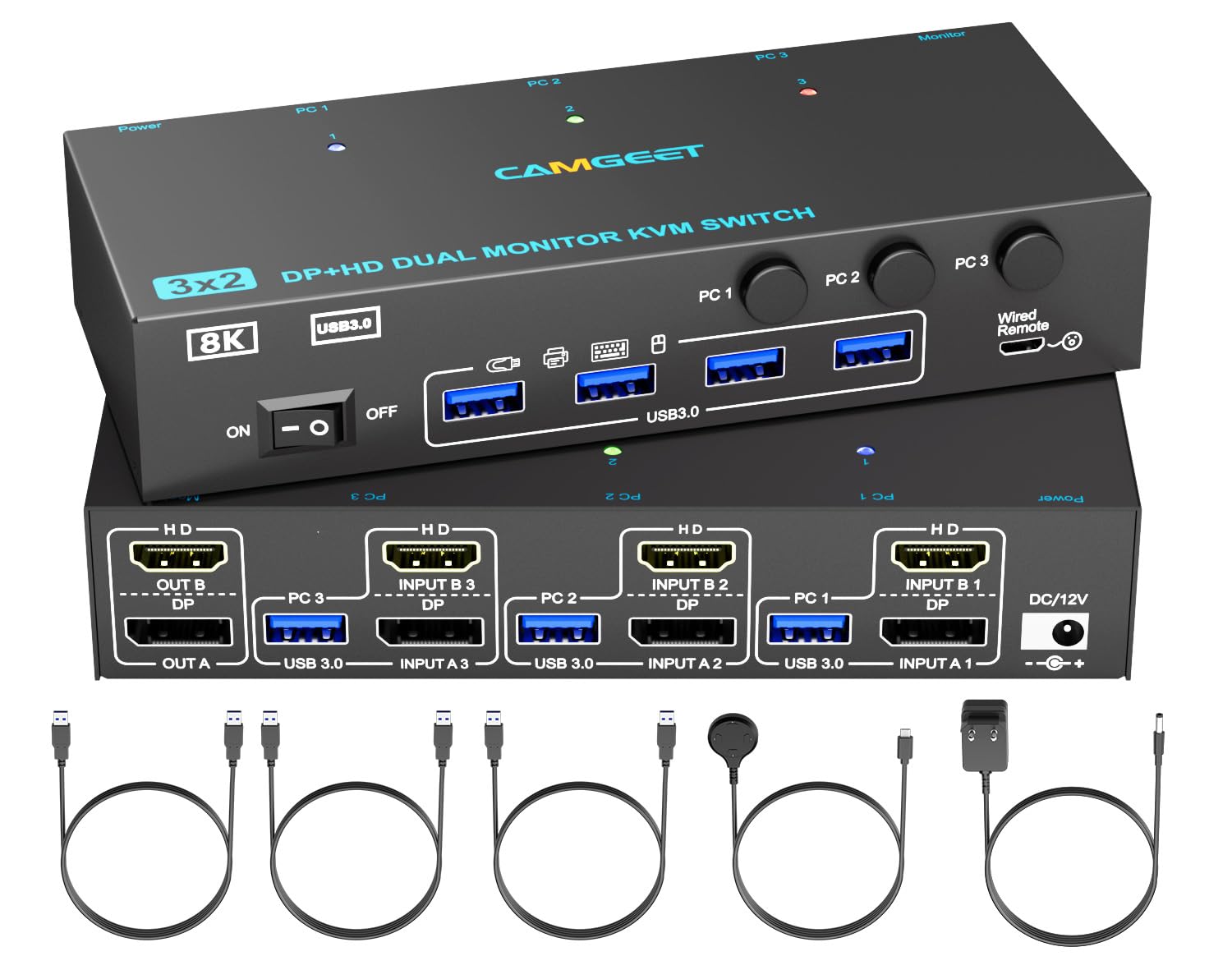 HDMI Displayport KVM Switch 3 PC 2 Monitore 4K@144Hz, mit 4 USB 3.0 Ports | Dual Monitor KVM Switch für 3 Computers teilen 2 Monitors und Tastatur,Maus,Drucker, HDMI DP KVM mit wird remote,12V Netzteil