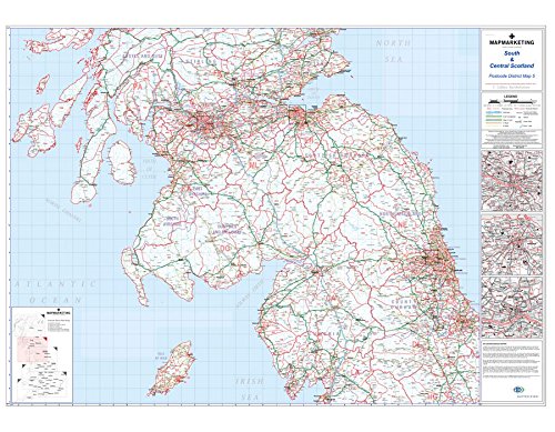 Large South And Central Scotland Postcode Wall Map - Covering Glasgow, Edinburgh And Newcastle - City Plan Inlays, County Boundaries, Motorways, Primary 'A'+'B' Roads, Towns, Cities